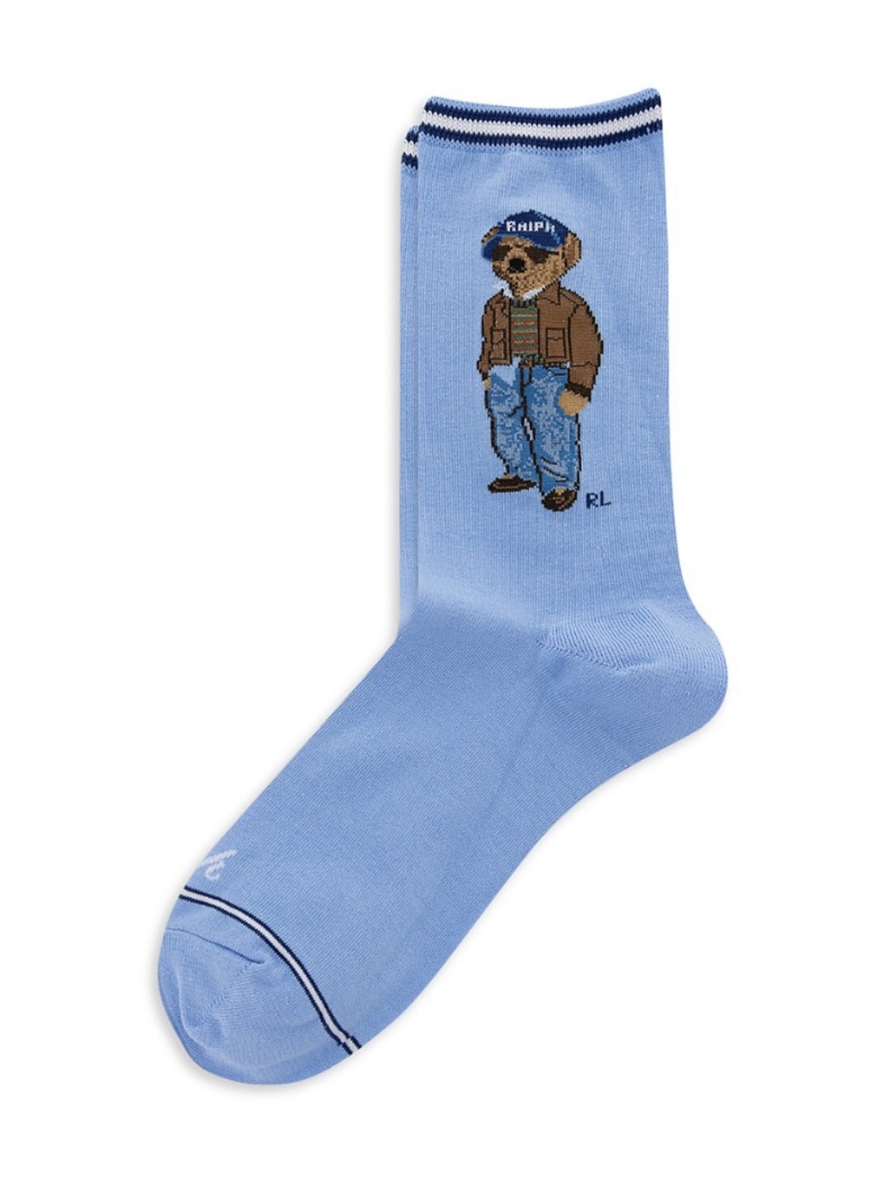 Ralph Lauren Sky Blue Polo Bear Crew Socks with Navy Trim